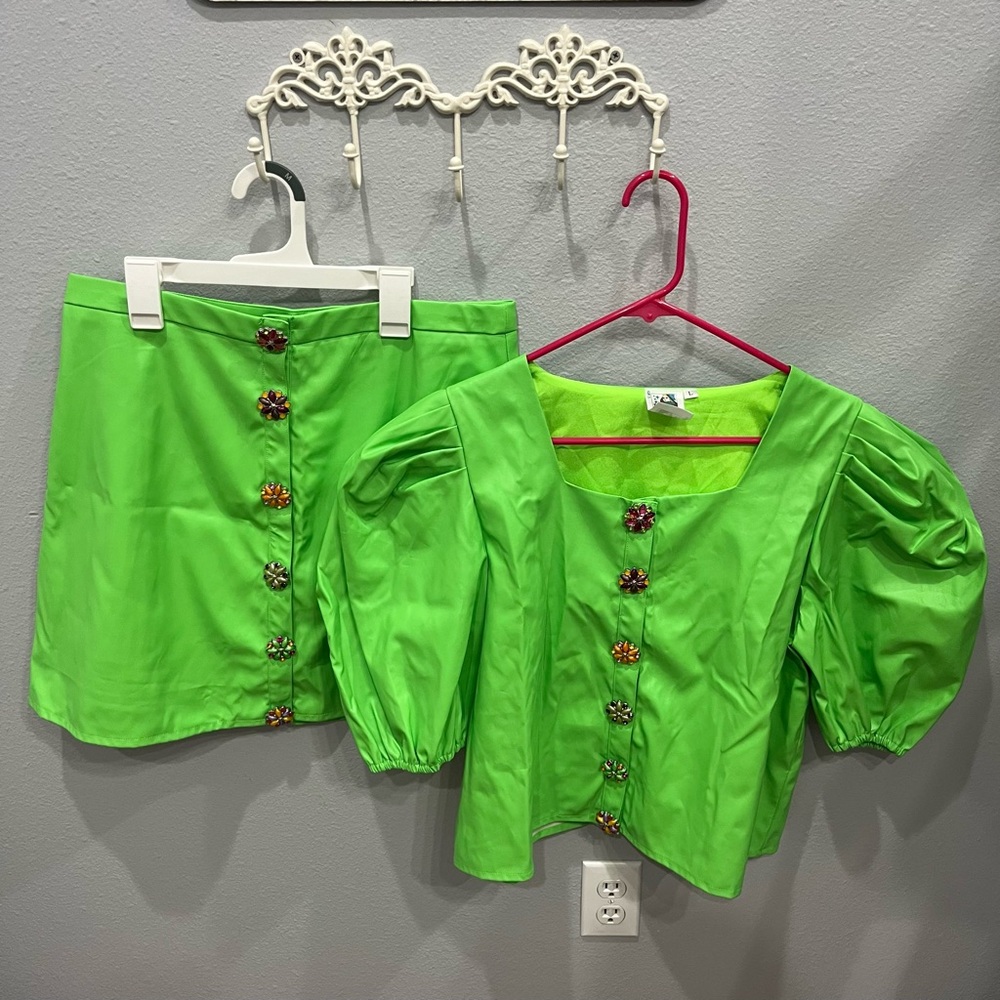 Queen Of Sparkles Neon Green Leather Button Up Set